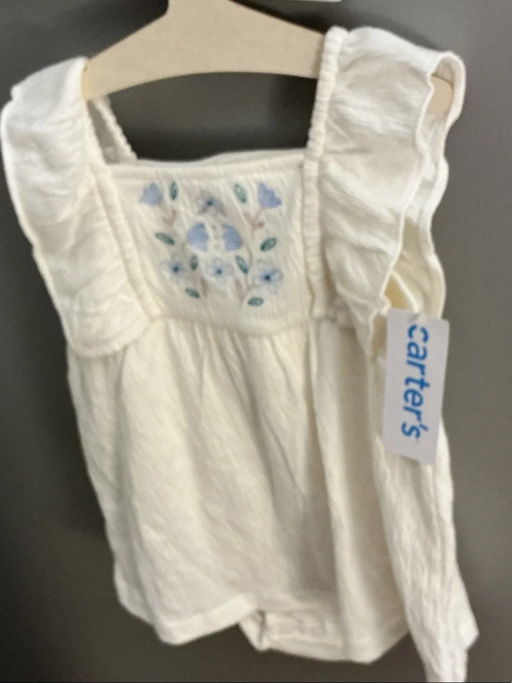 Carter's Cream Tank Top body suit with Blue Floral Embroidery. NWT
